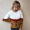 Patchwork de leopardo de moda Autumn Winter Ladies Sweater Knited Women Women Ock de manga completa Jugua Párrase Top Khaki Brown 201119