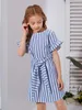 Girls Striped Print Tie Front Flounce Sleeve Dress SHE