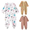 Vår Höst Baby Print Rompers Girls Långärmad Floral Wrap Foot Zipper One-Piece Romper Toddlers Boys Kläder Jumpsuit Ins M3134