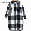 BTBWO Za, abrigo de lana a cuadros largo suelto para mujer, bolsillos de manga larga Vintage, prendas de vestir exteriores para mujer, abrigo elegante 201215