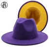 FS 61cm Gray Red Patchwork Wool Felt Jazz Fedora Hats For Women Unisex Wide Brim Panama Party Trilby Cowboy Cap Men Gentleman1139592
