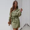 Autumn Winter Knitted Dress Women Full Sleeve Solid Dresses Sweet Slim Adjust Waist Women Dress Casual Hip Dress 201111