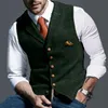 Erkek Takım Elbise Yelek Çentikli Ekose Yün Herringbone Tweed Yelek Rahat Örgün İş Groomman Düğün Yeşil / Siyah / Yeşil / GREY1