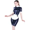13 ألوان أنيقة الربط المرأة الفرنسية خادمة تأثيري البسيطة اللباس قصيرة الأكمام الرقبة عالية الرقبة bodycon pvc اللباس مع bowknot sapron