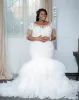 Size 2022 Plus Mermaid Wedding Dresses Bridal Gown Lace Applique Beaded Scoop Neck 3/4 Long Sleeves Tulle Sweep Train Ruffles Custom Made Vestido De Novia