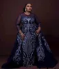 Nya Arabiska Navy Blue Sequins Lace Mermaid Evening Dresses Wear Långärmad Overskirts Sequined Party Gowns Vestidos Formell Gowns Prom Dress