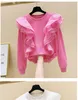 Nouveau design Femmes Pink Couleur O Neck à manches longues Loose Gauze Ruffles Patchwork mignon Sweatshirt Pullover Sweatons Smlxl