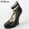 Sorbern Black Platform Genuine Leather Women Shoes No Heels Ankle Strap Heelless Pump Sexy Fetish Wedge