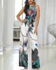 Spaghetti Strap Peacock Print Jumpsuit Summer Printed Long Overalls Playsuit Beach Wide Leg Pants Romper T200107