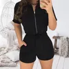 Sexy Zipper À Manches Courtes Salopette Couture Shorts Body Combishort Casual Noir Femmes Combinaison Sexy Shorts Barboteuses 2020 T200704