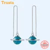 925 Sterling Silver Blue Planet Long Tassel Drop Earrings For Women Wedding Sterling Silver Jewelry Gift