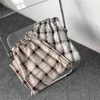 Privathinker Beige Plaid Męskie Proste Spodnie Vintage Elastyczna Talia Mężczyzna Dorywczo Sprawdzone Spodnie Koreański Człowiek Szerokie spodnie nogi G0104