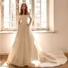 Bescheidene Brautkleider, Bateau-Illusion, lange Ärmel, Spitze, appliziert, Boho-Garten-Brautkleider, Sweep-Zug, elegante, einfache Robes de Mari￩e