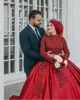 Muslim Arabic Ball Gown Wedding Dresses 2021 Red High Neck Long Sleeves Major Beading Bridal Gowns Puffy Satin Kaftan Dubai Abaya AL7897