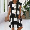 夏の格子プリントカジュアルドレス女性のVネック半袖ビンテージドレス女性プラスサイズのビーチBoho緩いMidi Dress 220210