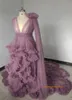 紫色の写真ドレスPuffフルスリーブのドレスを見るProm Gowns Ruffles Tiered妊娠中の女性ローブ2021