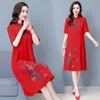 Etnische Kleding 2021 M-4XL Plus Size Vintage Rode Borduurwerk Chinese Traditionele Qipao Casual Party Vrouwen Midi Jurk Zomer Cheongs223h