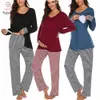 Vêtements de maternité Pyjama d'allaitement Ensemble à manches longues T-shirt Tops Pantalon rayé Vêtements de nuit d'allaitement Pyjama d'hôpital Comfy Home LJ201118