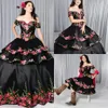 2022 Preto Quinceanera Vestidos Charro Destacável Saia Floral Bordado Do Ombro Doce 16 Vestido Tema Mexicano Plus Size Gótico