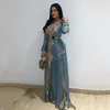 2020 Dirty Blue Marokkaanse Kaftan Kant Prom Formele Avondjurken V-hals Lange Mouw Moslim Party Jurk Lange Dubai Speciale Gelegenheid Jurken