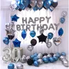 76pcs Balões de látex de metal prateado azul 1 2 3 5 10 13 14 18 17 20 26 40 50 60 anos de idade menino homem feliz aniversário decorações de festa 220217