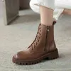 2021 Stivali invernali Donne Pelle divisa in pelle divisa scarpe rotonde di punta Autunno Thist Heel Chunky Zipper