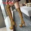 Anmairon 2020 Sexig PU Knee High Boots Animal Prints Stretch Tyg Bekväm plattform Stövlar Slip-On Women Size 34-431