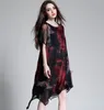 6166 # nieuwe zomer dames Europese mode-stijl jurk ronde kraag korte mouw afdrukken onregelmatige losse chiffon casual jurk koffie / rood XL XXL