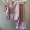 Retro Summer Women Silk Piżamy Moda Czysta Kolor Z Długim Rękawem Sleepwear Girls Casual Koszula Domowe Odzież Sets01