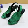 Sexiga satin ruffles sandaler för tjejer kvinnor 10cm tunna höga klackar sida fretwork open toe pläterade party skor sommar sandalier