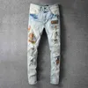 Hip-hop High Street Brand Jeans Retro Torn Fold Stitching Mäns Designer Motorcykel Ridning Zipper Ripped Biker Jean Byxor