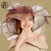 FS Różowy Kentucky Derby kapelusz dla kobiet Organza Sun Kapelusze Kwiaty Eleganckie Lato Duży Szeroki Brim Ladies Wedding Church Fedoras Y200602