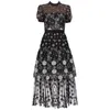 New arrive women lace dress round collor short sleeve female black flower midi dress T200113