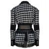 Denim Patchwork Gland à franges en pied de poule Tweed Blazer Veste avec ceinture 201114