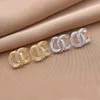 18K Gold Plated Luxury Brand Designers Double Letters Stud Clip Chain Geometric Famous Women 925 Silver Crystal Rhinestone Earring Love Gift Wedding Party Jewerlry