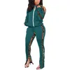 Women's Tracksuits Women Leopard Patchwork Fashion Two Piece Suit Long Sleeve Stand Collar Cold Shoulder Cardigan + Slit Trousers1