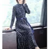 2020 Vintage Floral Velours Midi Robes Automne Hiver Plus Taille À Manches Longues Maxi Robe Élégante Femmes Moulante Parti Robes LJ201112