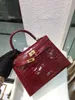 Handbag Crocodile Leather 7a kvalitet äkta handswen 25 cm totes röd märkesväska vaxlinje sömmar fastsjqw