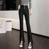 Jielur Split Zipper Buttons Women Byxor Korean Fashion Casual Office Lady Black Flare Pants Kvinnliga Hög midja Långa byxor S-XL 220104