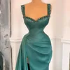 Prisvärd Green Prom Dress Mermaid 2021 Spaghetti Straps Satin Formal Evening Party Gowns Side Split Robe de Soirée