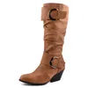 Venda Quente-Meotina Outono Joelho Alta Botas Mulheres Plissadas Spike Salto Botas Long Botas Buckle Ponto Pessoa Sapatos Feminino Inverno Preto Plus Tamanho 34-46