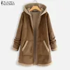 Plus Size ZANZEA Winter Zipper Fleece Giubbotti Donna Vintage Solid Con cappuccio Manica lunga Cappotti caldi Cappotti Femme Outwear 201106