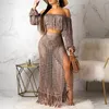 Summer Crochet Dress Beach Wear 2 Piece Crop Top And Skirt Set For Women Long Sleeve Tassels Slash Neck Two Knit Sets 220314