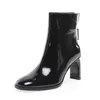 Isnom höga klackar stövlar kvinnor ankel stövlar fyrkantiga tå skor kvinnliga kristallskor damer zip patent läder vinter 20201