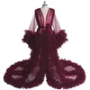 Burgundia Długie Rękawy Suknia Wieczorowa Dla Photoshoot lub Babyshower Suknia Maternity Shooting Tulle Ruffles 2021 Moda