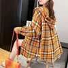 Blusas das mulheres Camiseta Hooded Loose Check Camisa Portuária Estilo 2021 Primavera Versátil Versátil Versátil Manga Longa Médio e Casaco