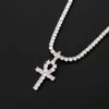 Hip Hop Iced Zirkon Ankh Kreuz Anhänger mit 4mm Tennis Kette Halskette Set Mikro Pflastern CZ Steine Männer schmuck256g