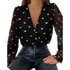 패션 블라우스 여성 깊은 V 넥 탑 화이트 자카드 여성 긴 소매 세련된 셔츠 섹시한 폴카 도트 단색 메쉬 블라우스