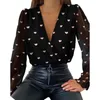 Mode Blusar Kvinnor Deep V Neck Top White Jacquard Kvinna Långärmad Chic Shirt Sexig Polka Dot Solid Color Mesh Blouses