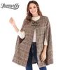 Benuynffy Kvinnors Läder Buckle Klädhylsa Plaid Tweed Cape Coat Höst Vinter Elegant Ol Workwear Women Ytterkläder Coats 201216